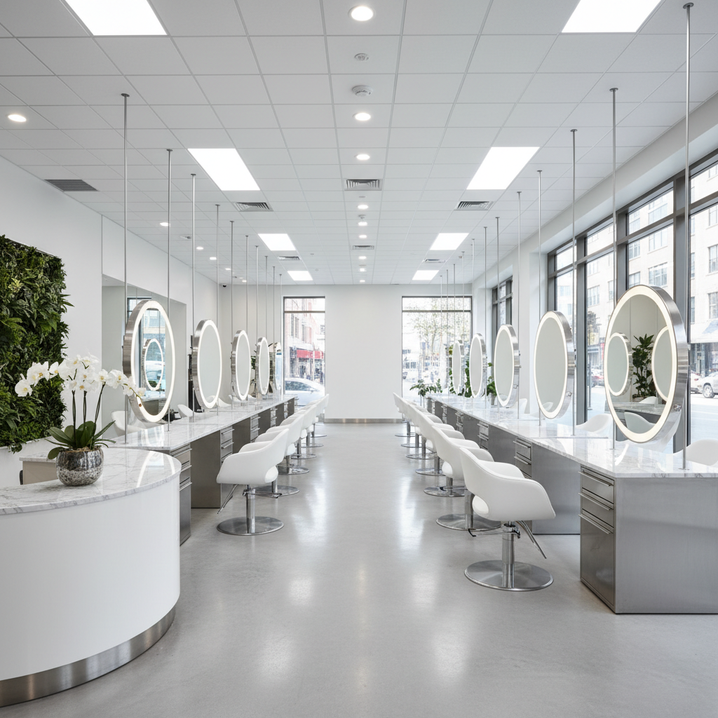 Güzellik salonu modern iç mekan — bright white salon interior, clean natural lighting, airy open space