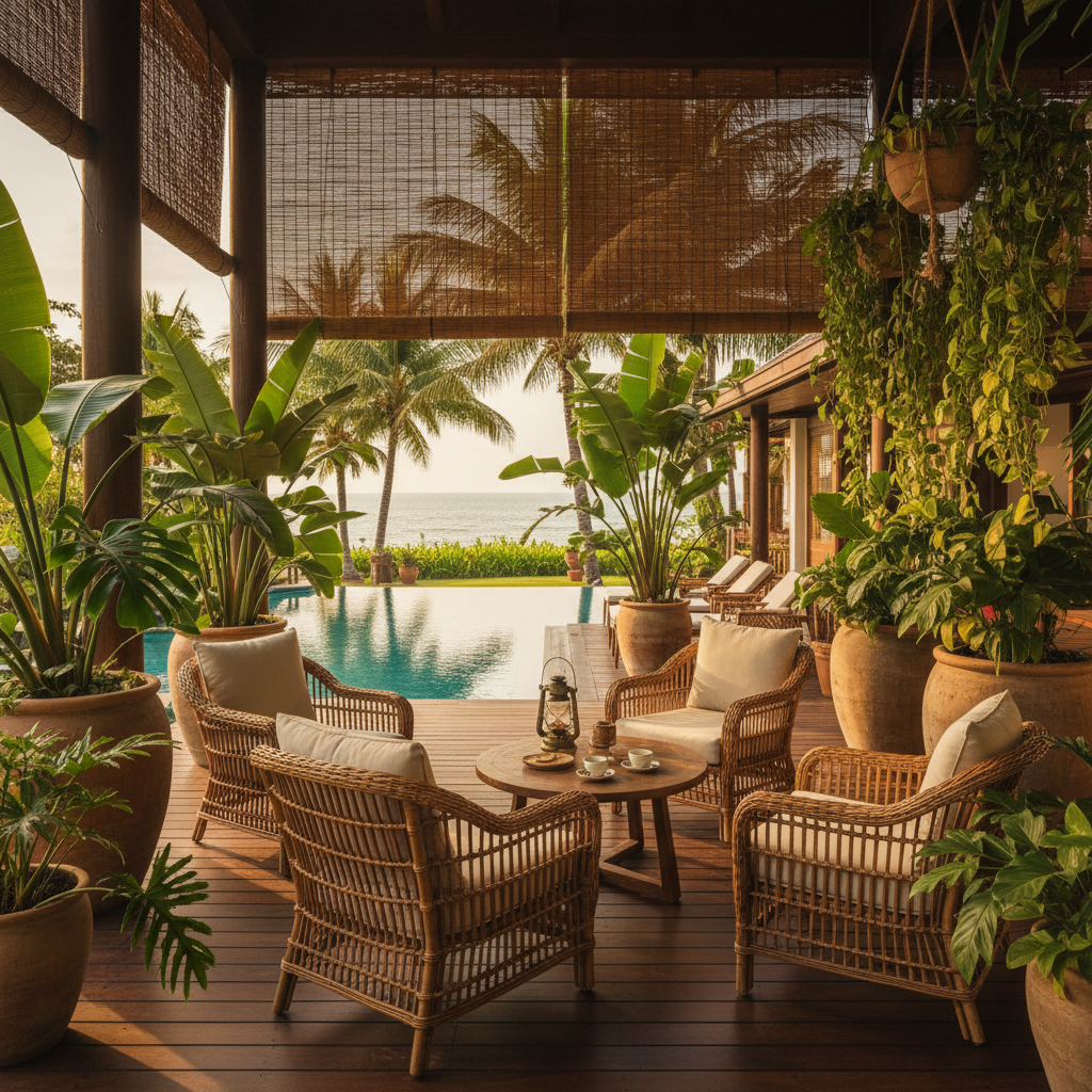 Butik otel havuz bahçe — lush green garden, warm afternoon sunlight, bright airy outdoor space